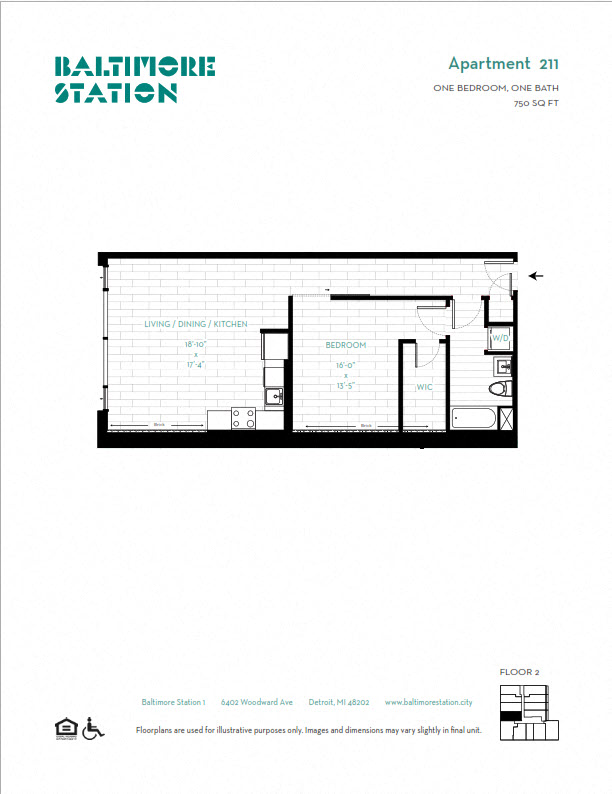 Floor plan for 1 bed, 1 bath, 750 sqft
